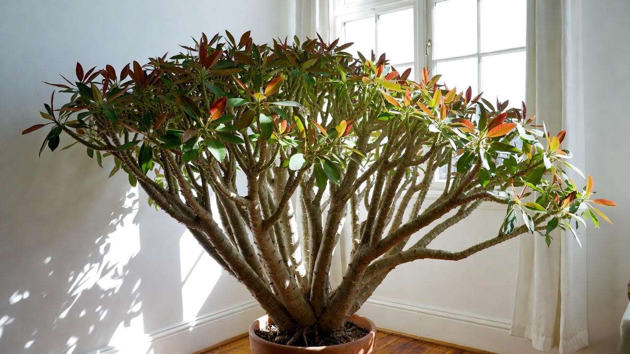 Tall Euphorbia trigona rubra African Milk Tree reaching 9 feet indoors with ruby red stems