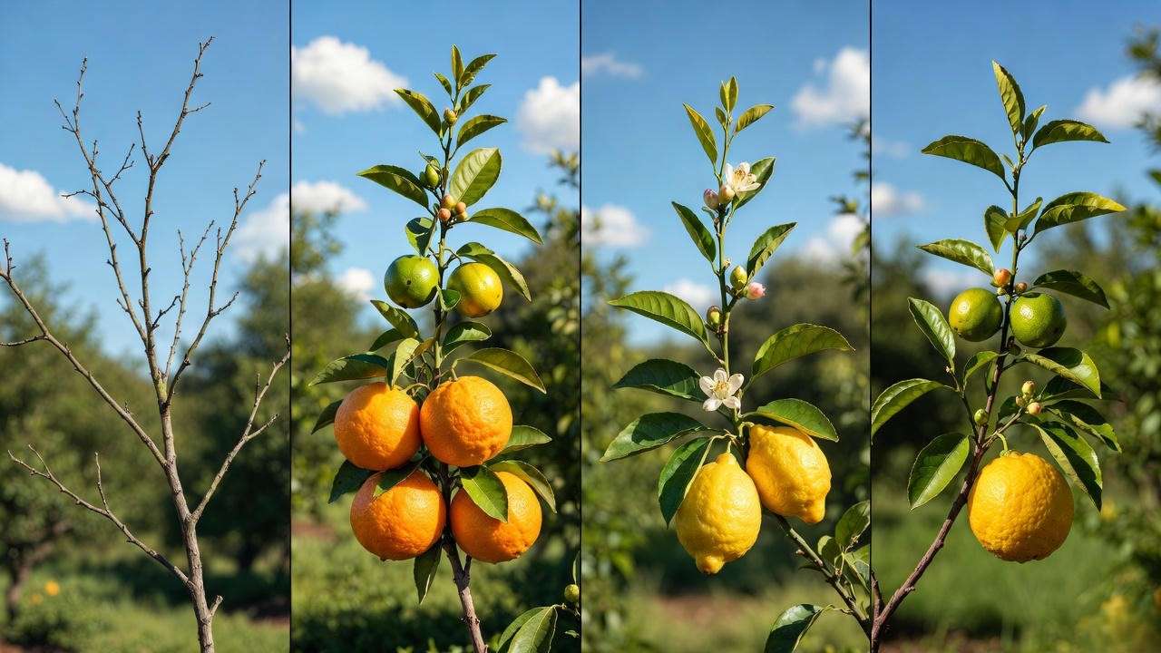 Illustration of citrus tree growth cycle stages - dormancy, bud break, fruit set, and maturation in a sunny orchard."