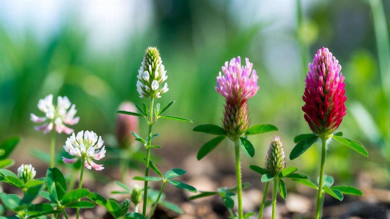 White Dutch, microclover, red clover, and crimson clover growing side by side for comparison