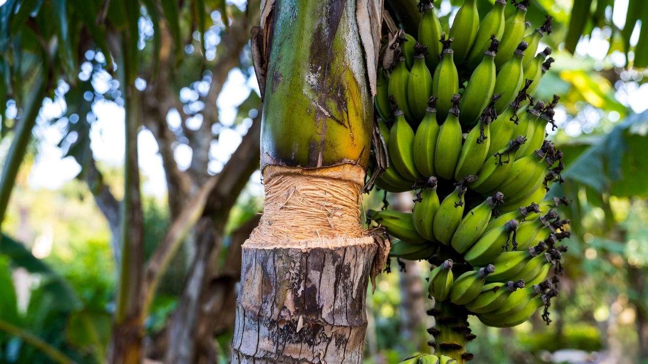 Close-up of graft union scar on a palm tree growing bananas – the telltale sign of a grafted novelty banana palm