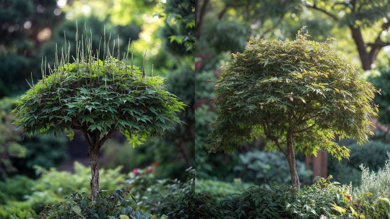 Before and after – topped vs properly pruned Japanese maple tree shape