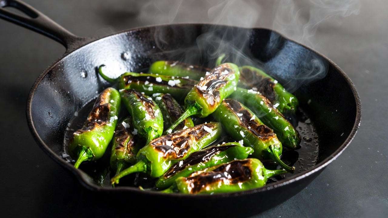 Perfectly blistered shishito peppers in cast-iron skillet with flaky salt