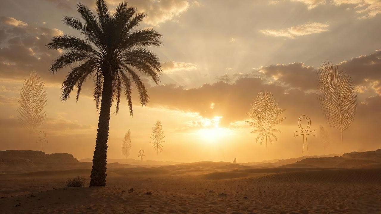 Ancient Egyptian date palm at sunset with hieroglyphs glowing in sky representing palm tree symbolism in Egypt