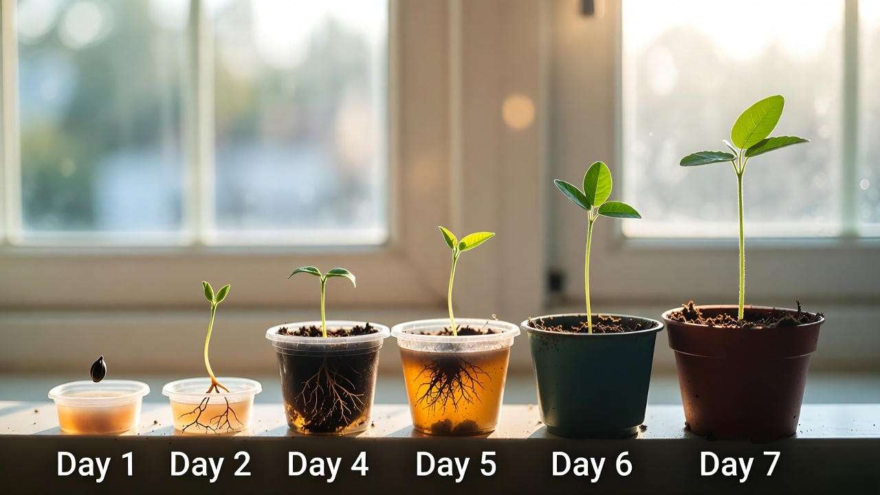 Moringa seed germination timeline from day 1 to day 7