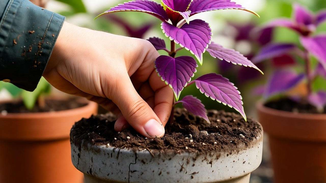 Finger test for purple coleus soil moisture in terracotta pot