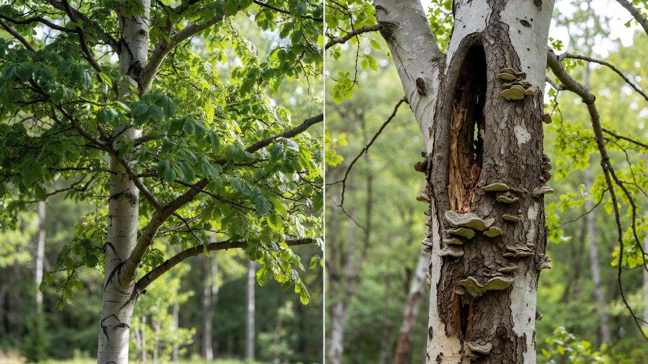 "Comparison of healthy tree and decayed tree with fungal growth and hollow trunk."