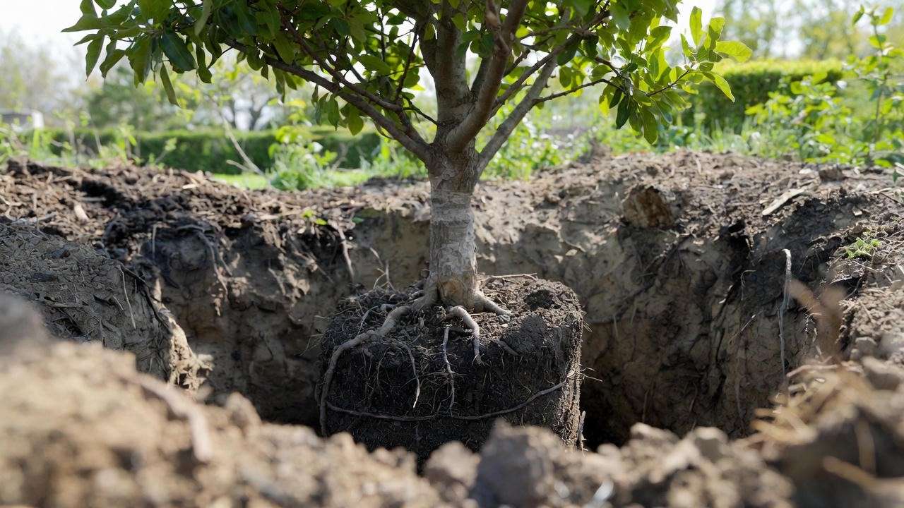 Correct oak tree planting technique showing exposed root flare and wide hole