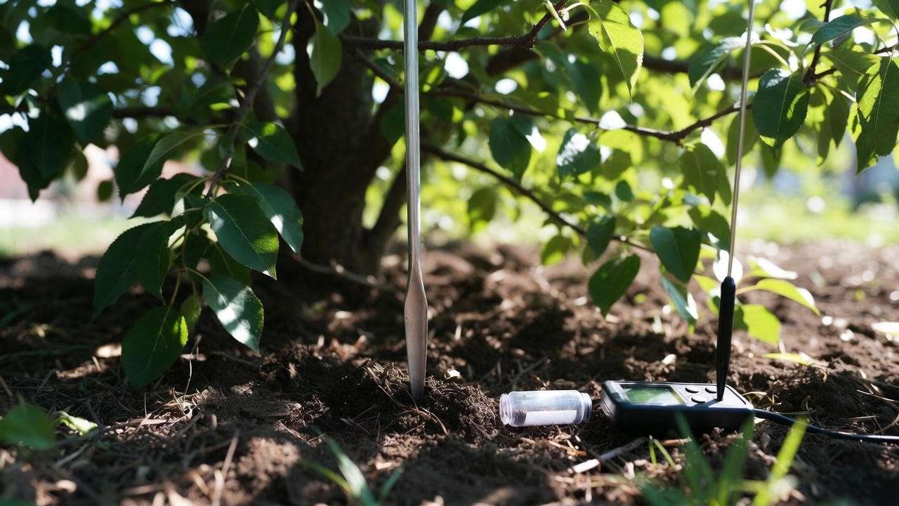 Taking soil test under Cleveland Select flowering pear tree to diagnose chlorosis