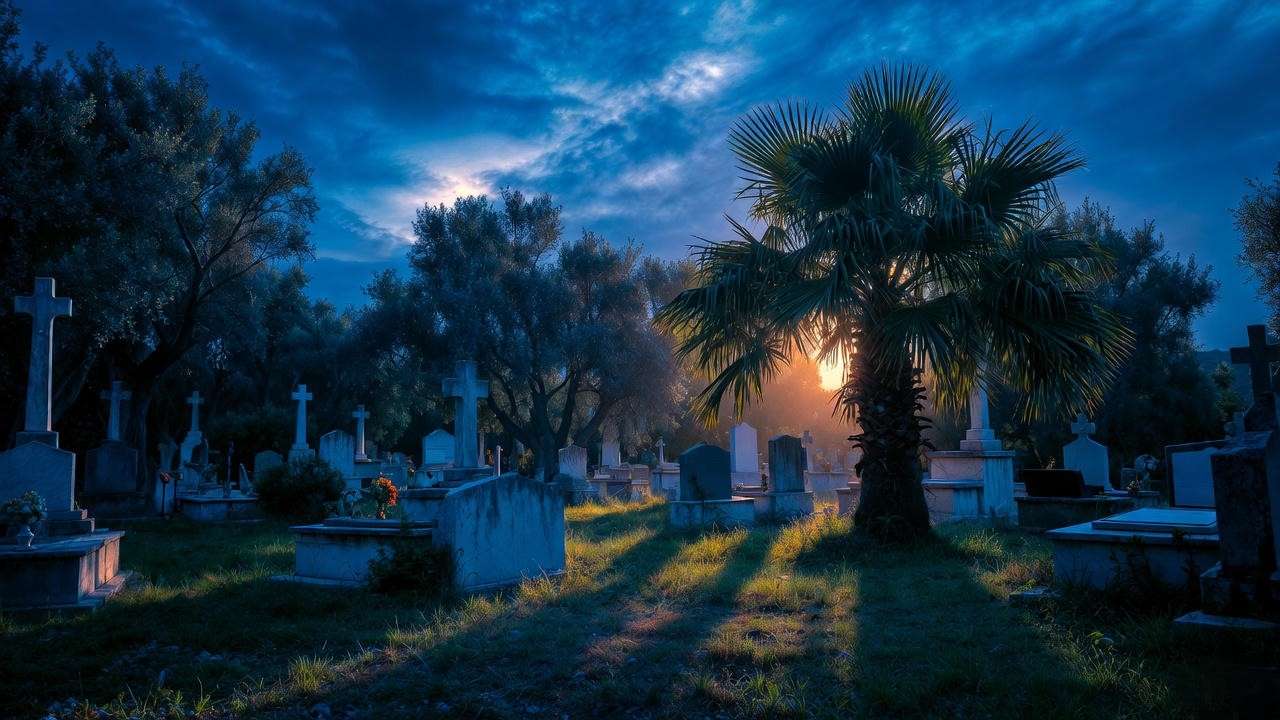 Lone palm tree in ancient Mediterranean cemetery at twilight illustrating rare mourning symbolism