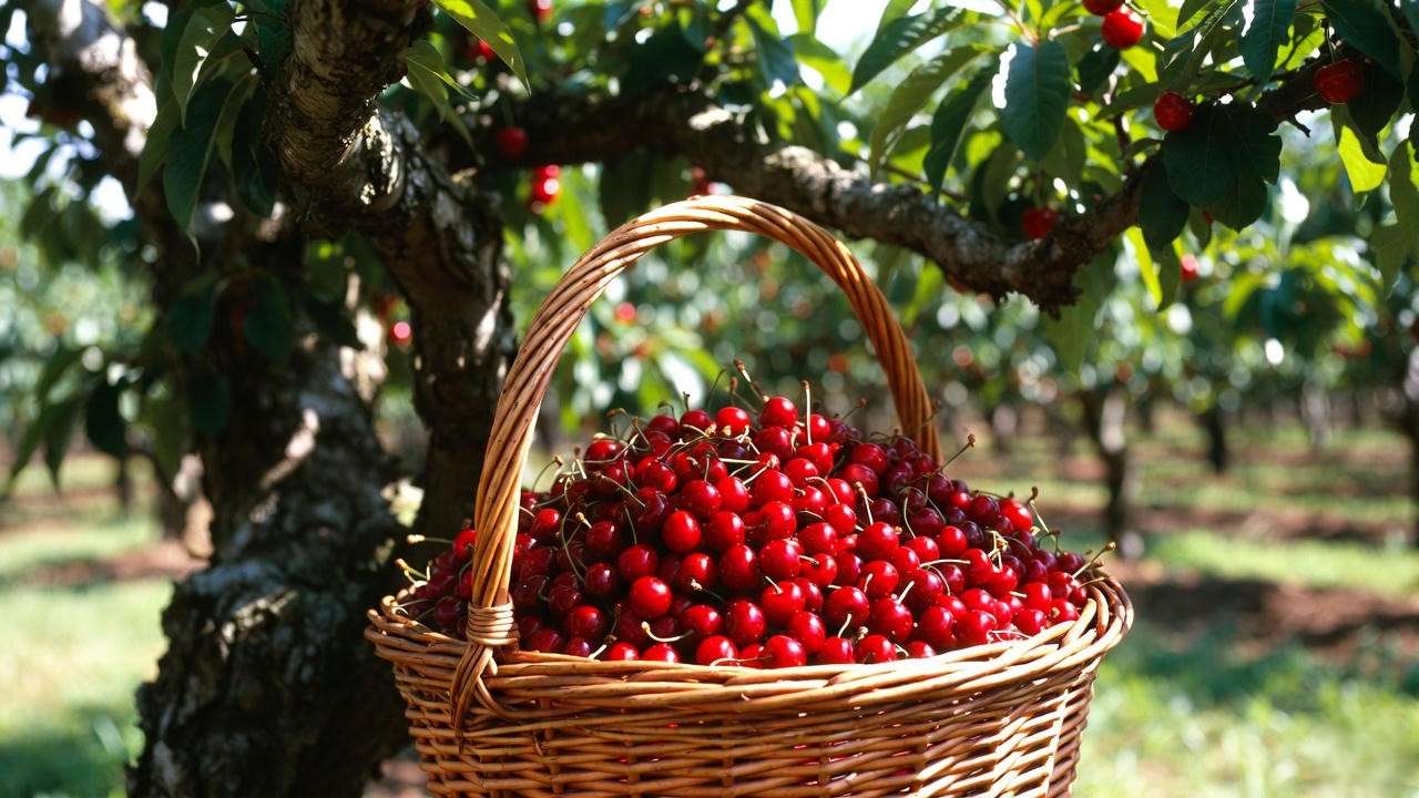 Massive cherry harvest from correctly pruned tree showing results of proper pruning