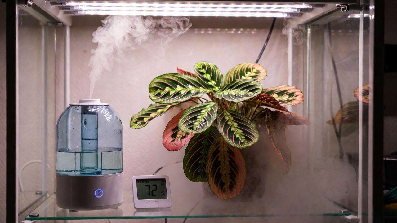Maranta in high-humidity glass cabinet setup with humidifier and hygrometer showing 72 %