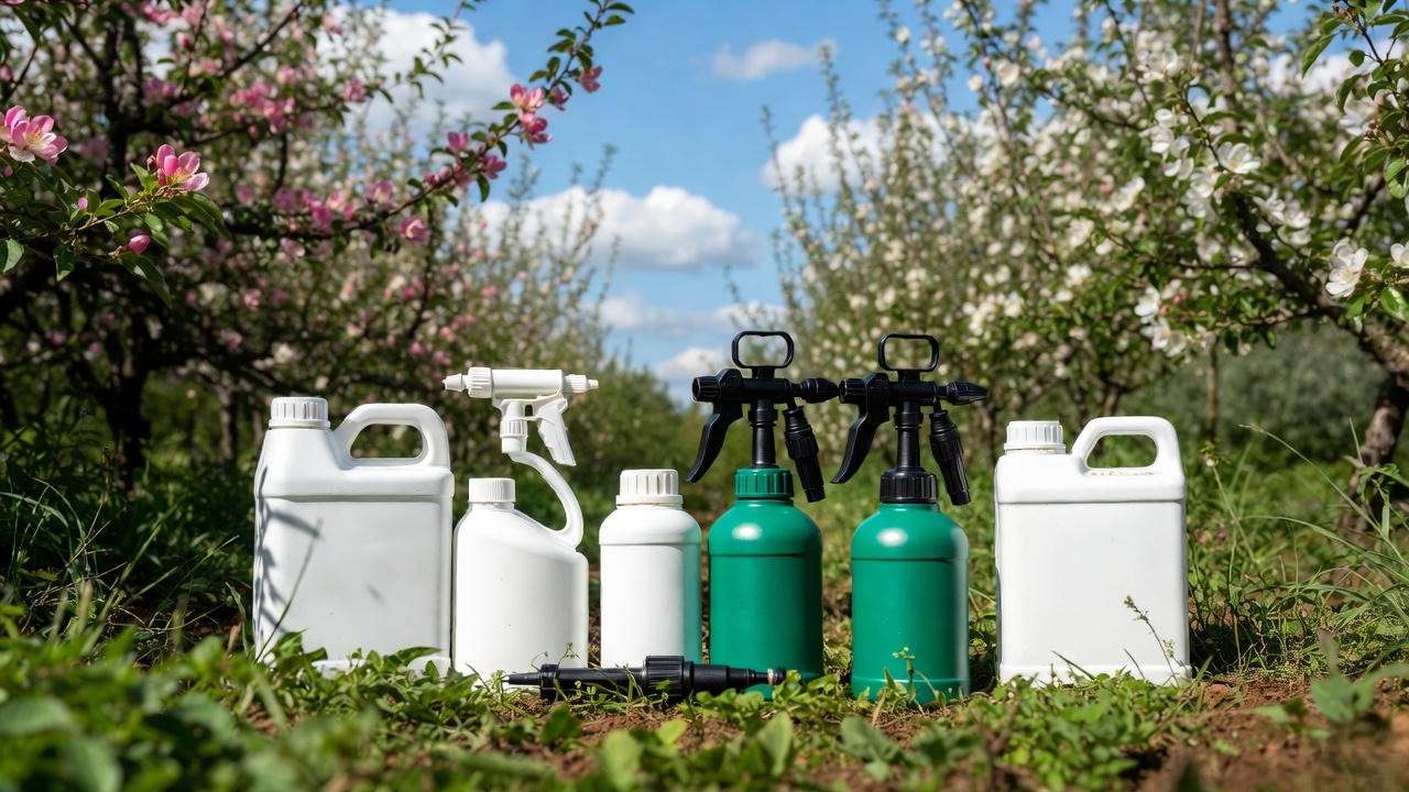 "Assortment of fruit tree fungicide bottles and spray equipment in blooming orchard".