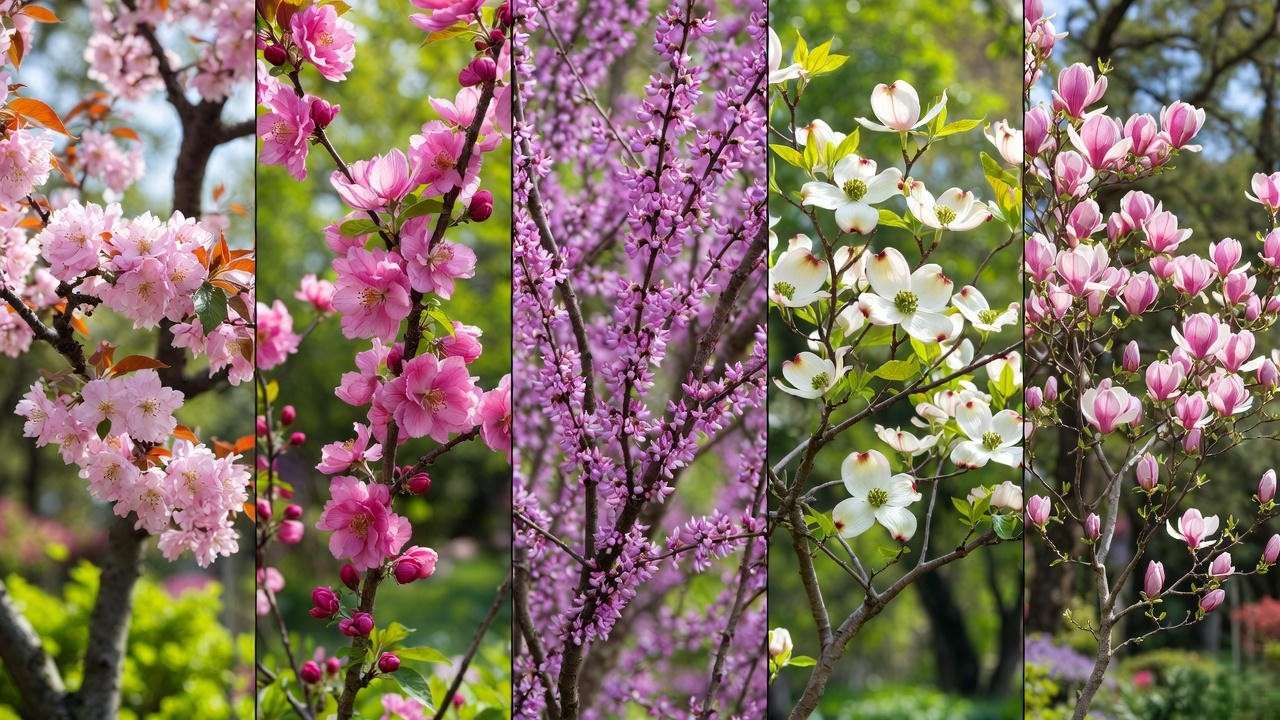 "Comparison of top 5 pink flowering trees in full bloom in a natural garden setting."