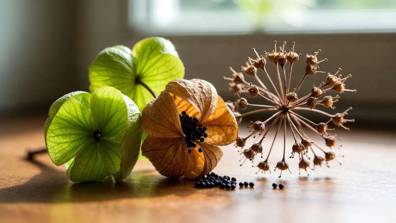 Fresh vs dried hydrangea seed pods showing fertile seeds vs sterile decorative heads