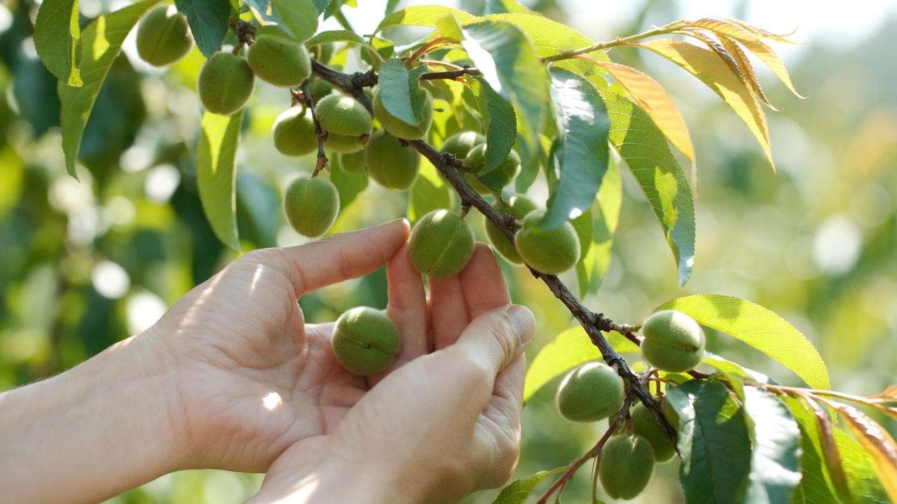 Proper fruit thinning technique on Desert Gold peach tree for larger fruit