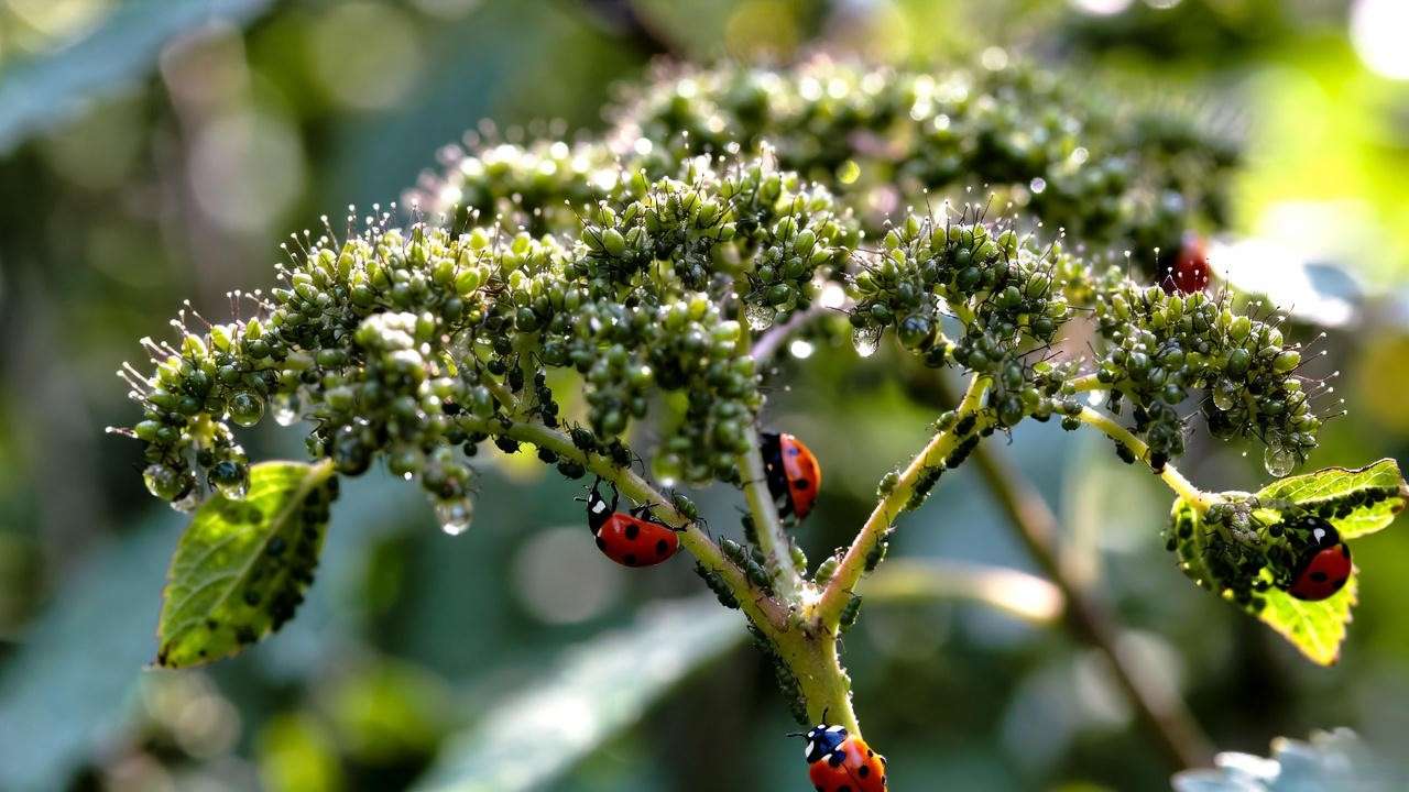 Aphids on Quick Fire hydrangea leaves with ladybugs for organic control