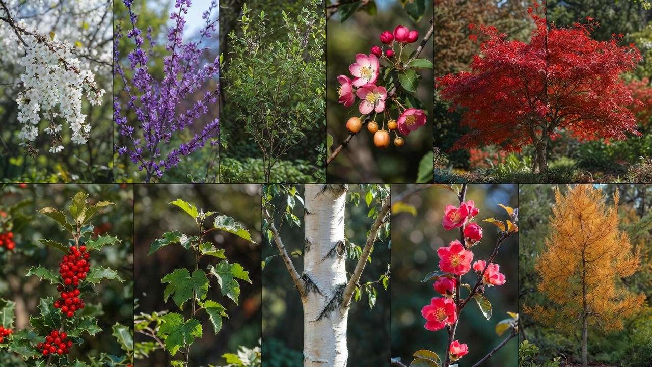 10 best small weeping trees collage including Snow Fountain cherry, Lavender Twist redbud, and Ryusen maple