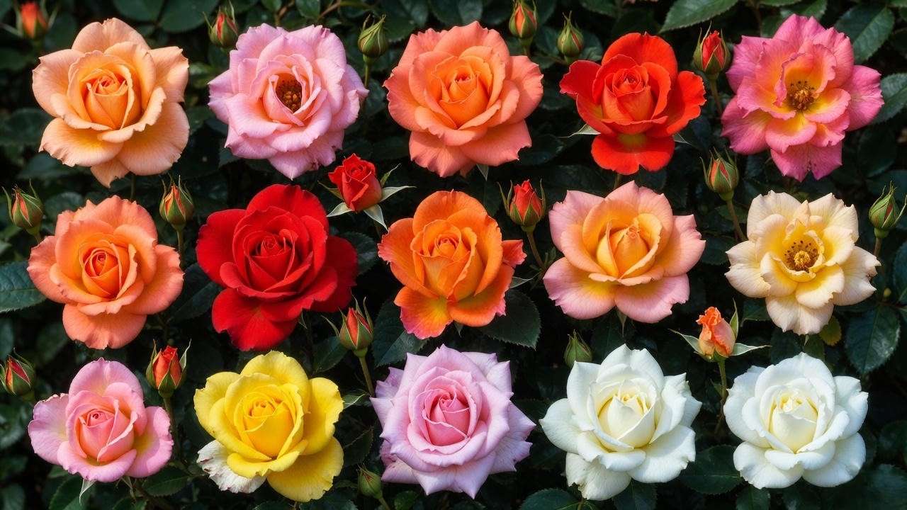 Top 12 best ground cover rose varieties 2025 arranged in colorful grid – Peach Drift, Coral Drift, Knock Out and more