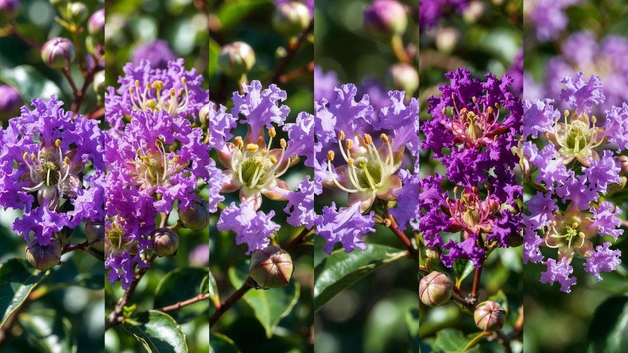 Top purple crepe myrtle varieties comparison showing Twilight, Purple Magic, Catawba blooms in full summer color
