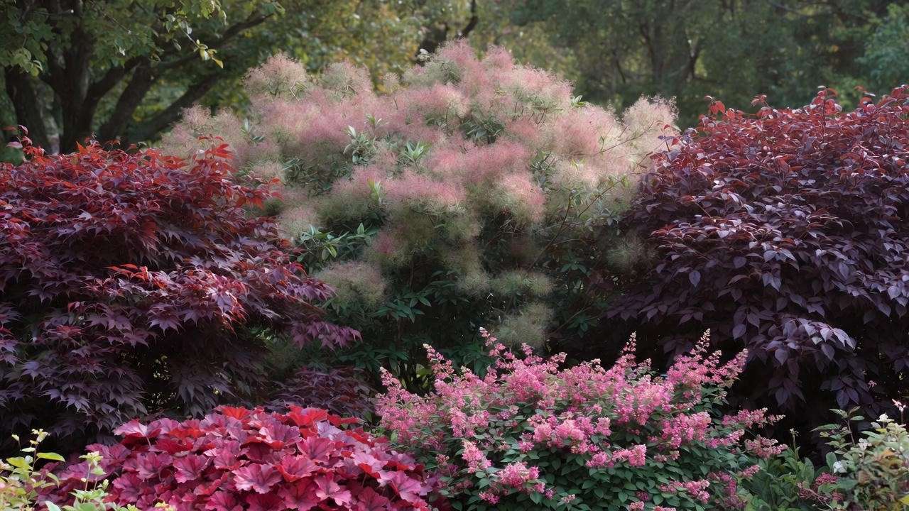 Stunning red foliage plants including Japanese maple Bloodgood, smoke bush Royal Purple, and crimson loropetalum in a vibrant garden