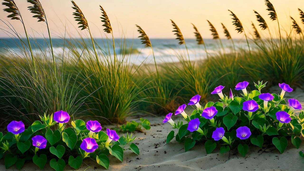 Coastal garden with sea oats and beach morning glory thriving in sandy soil near the ocean."