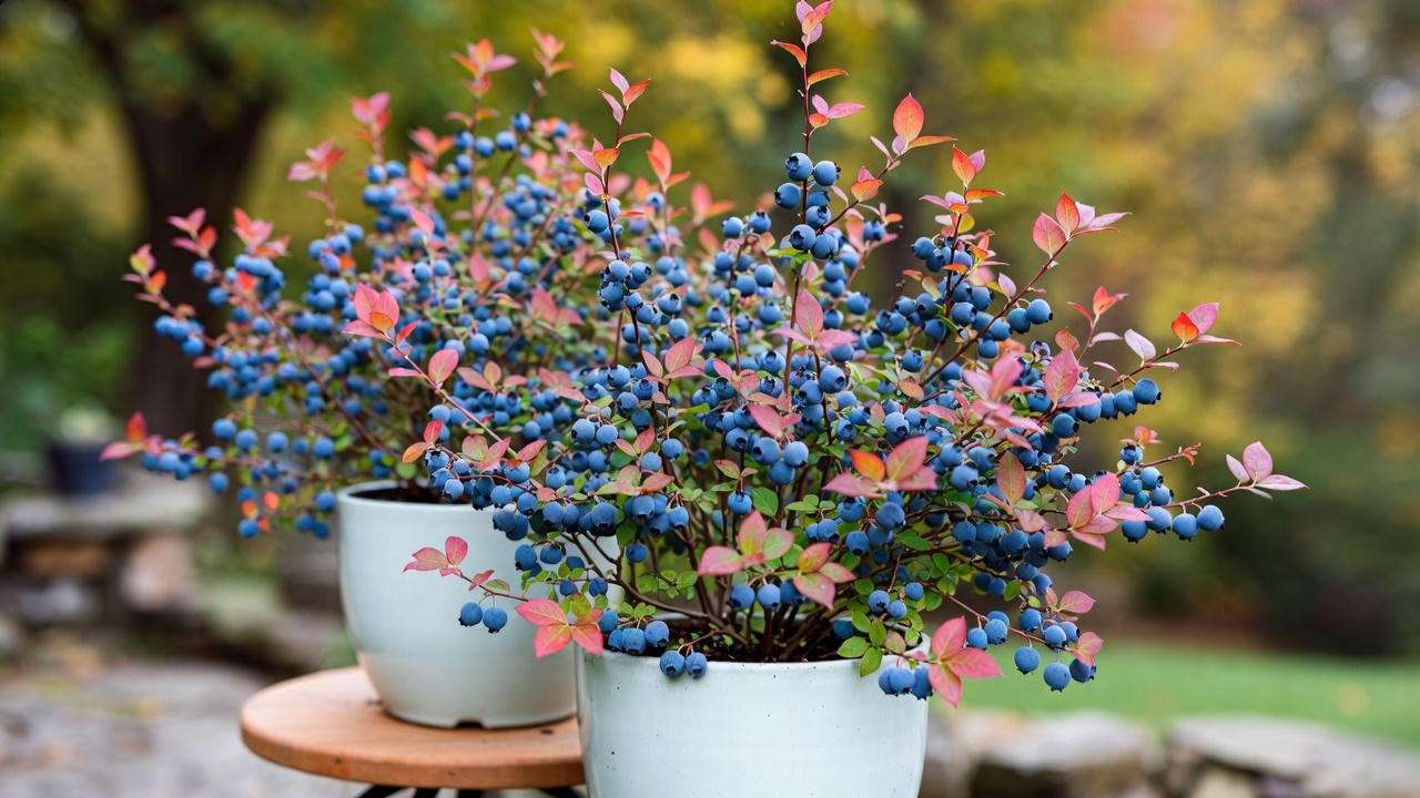 Compact Top Hat dwarf blueberry bushes covered in ripe berries on patio table