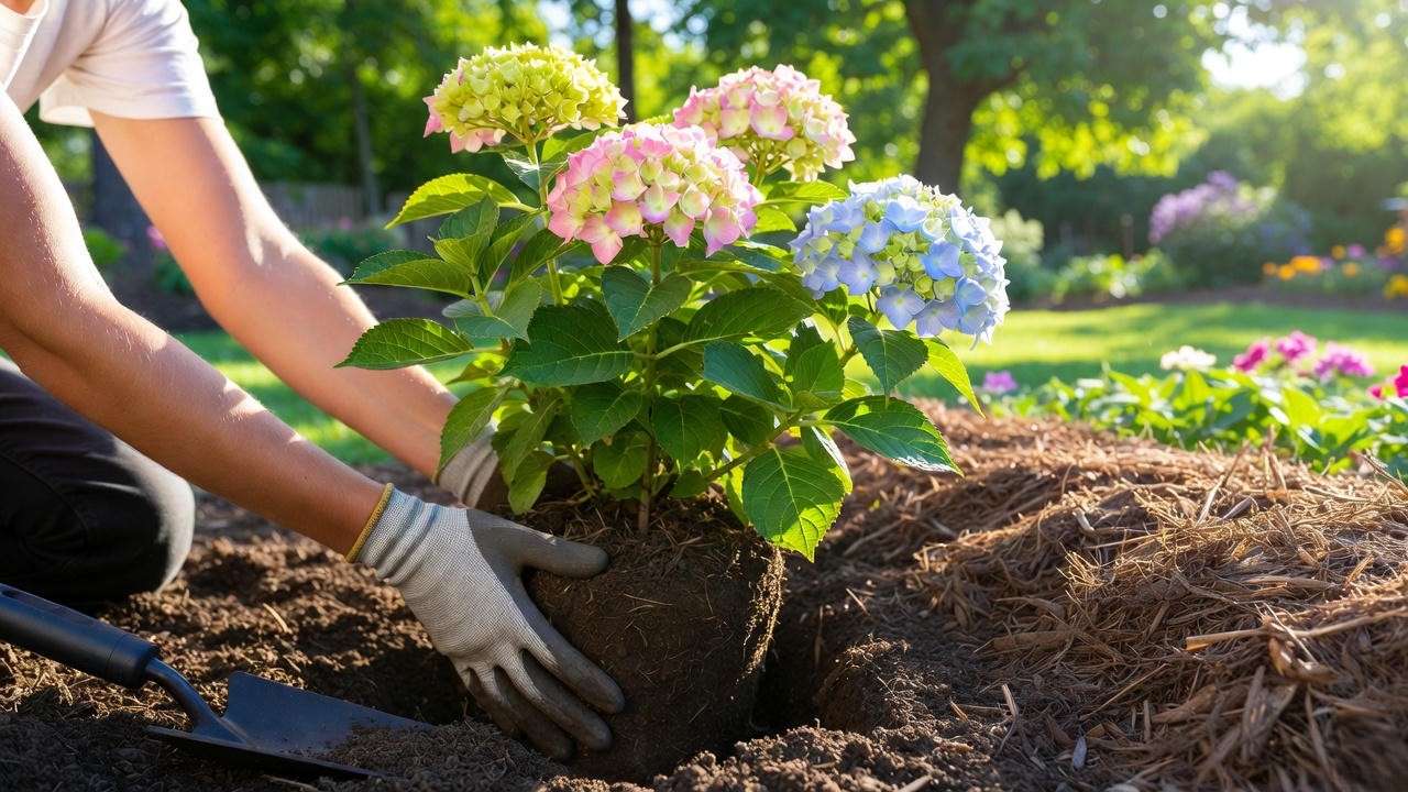 Transplanting a young seed-grown hydrangea into the garden bed