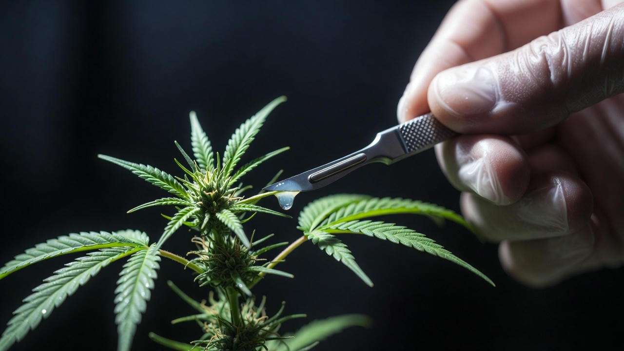 Professional 45-degree cut technique on cannabis clone with rooting gel
