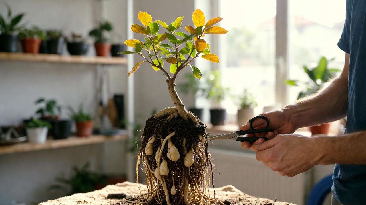 Bonsai tree with yellow leaves repotted, gardener trimming mushy roots in workshop."