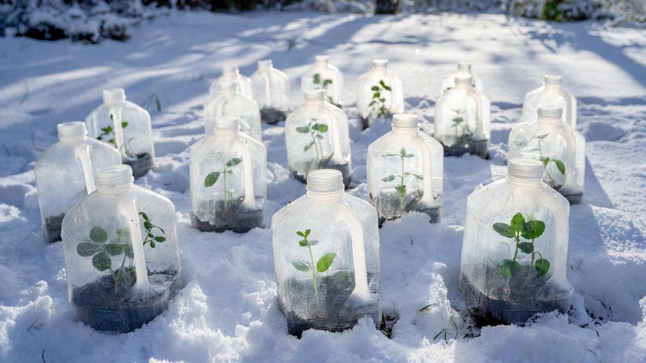 Winter sowing hydrangea plant seeds in milk jugs outdoors