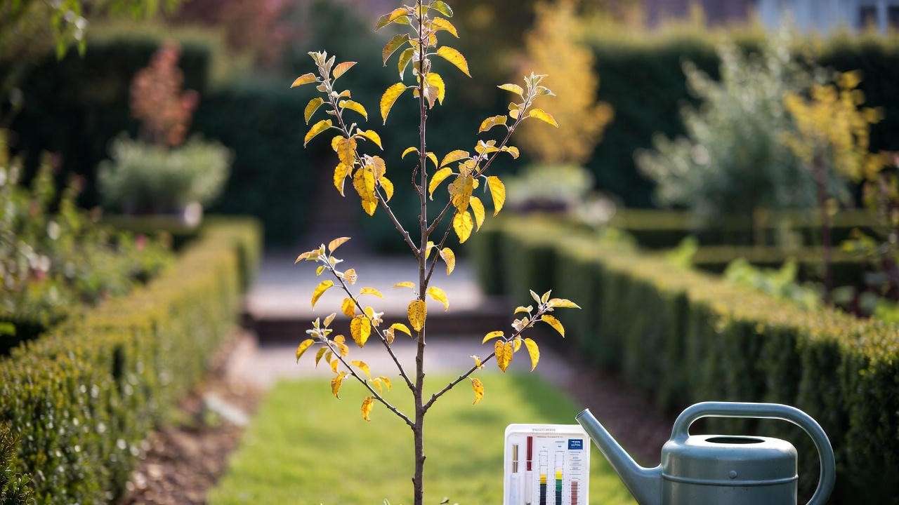 "Columnar apple tree with yellowing leaves and soil test kit.
