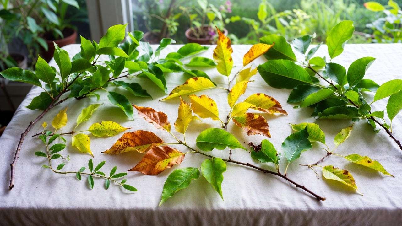 able showing June plum tree problems with healthy and affected leaves in a garden workshop"