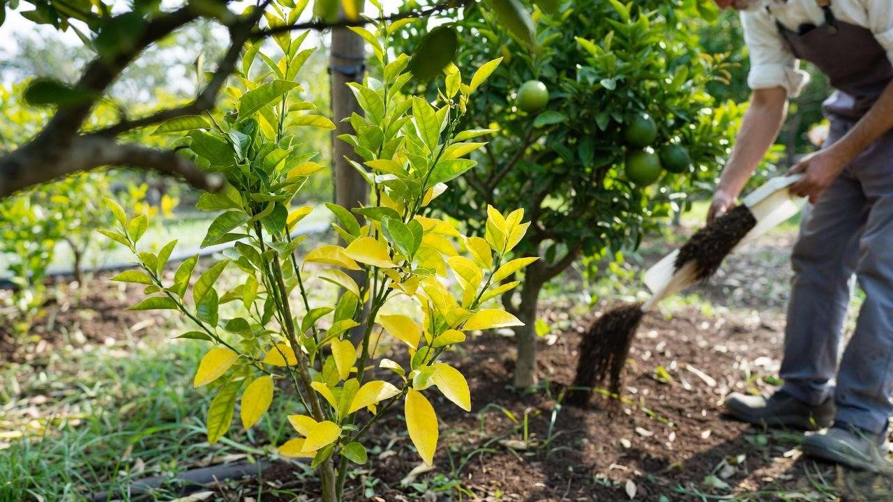 Gardener treating lemon lime citrus tree with yellowing leaves using organic fertilizer."