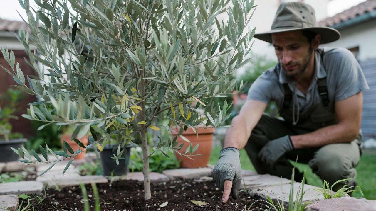 "Gardener troubleshooting mission olive tree with yellowing leaves in a home garden."