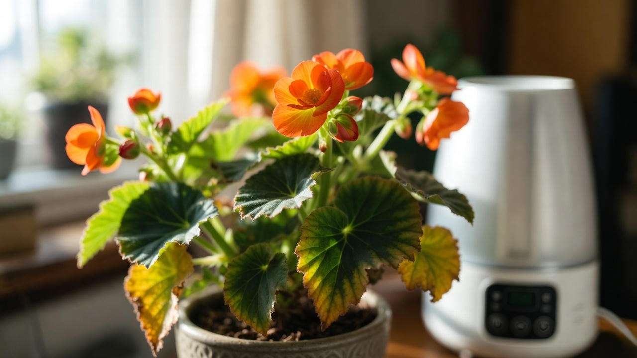 Orange begonia with yellow leaves next to humidifier for troubleshooting."