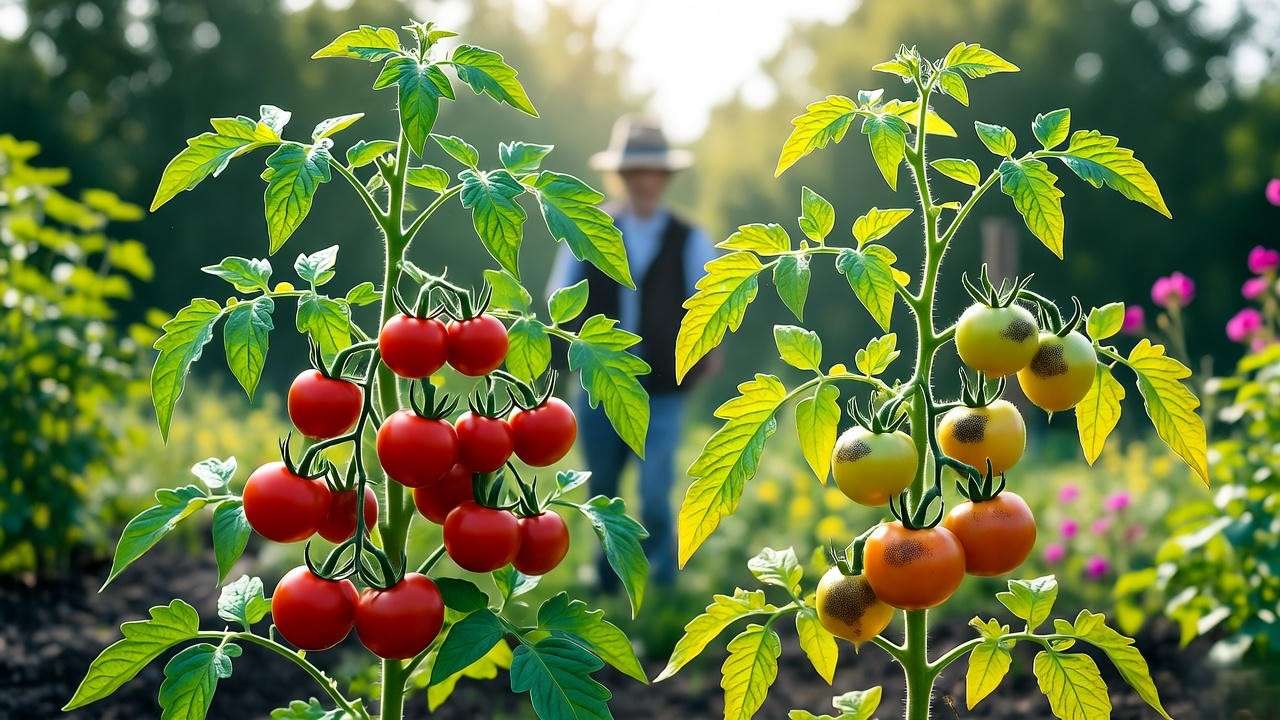 Gardener inspecting pink tomato plant with blossom end rot and healthy comparison."
