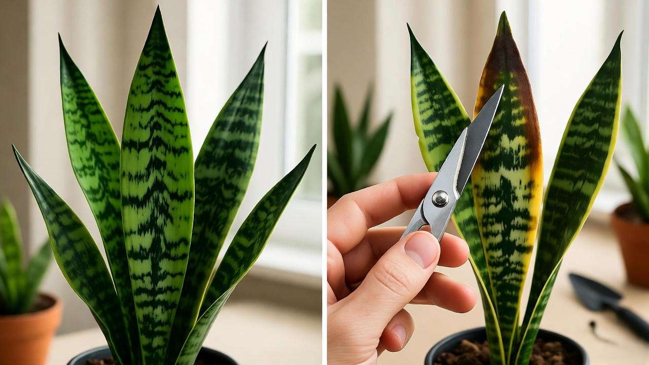Comparison of healthy and rotted snake plant leaf with trimming tool.