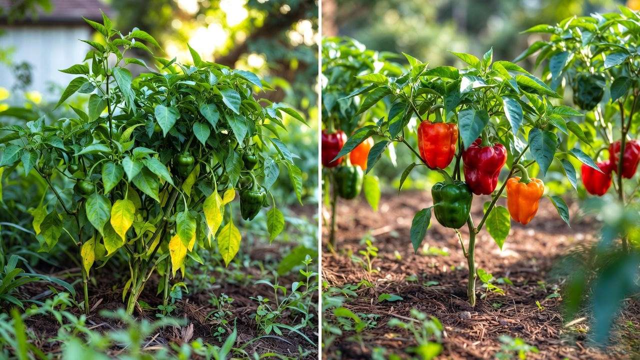 "Comparison of overcrowded vs. well-spaced pepper plants showing healthy growth differences."