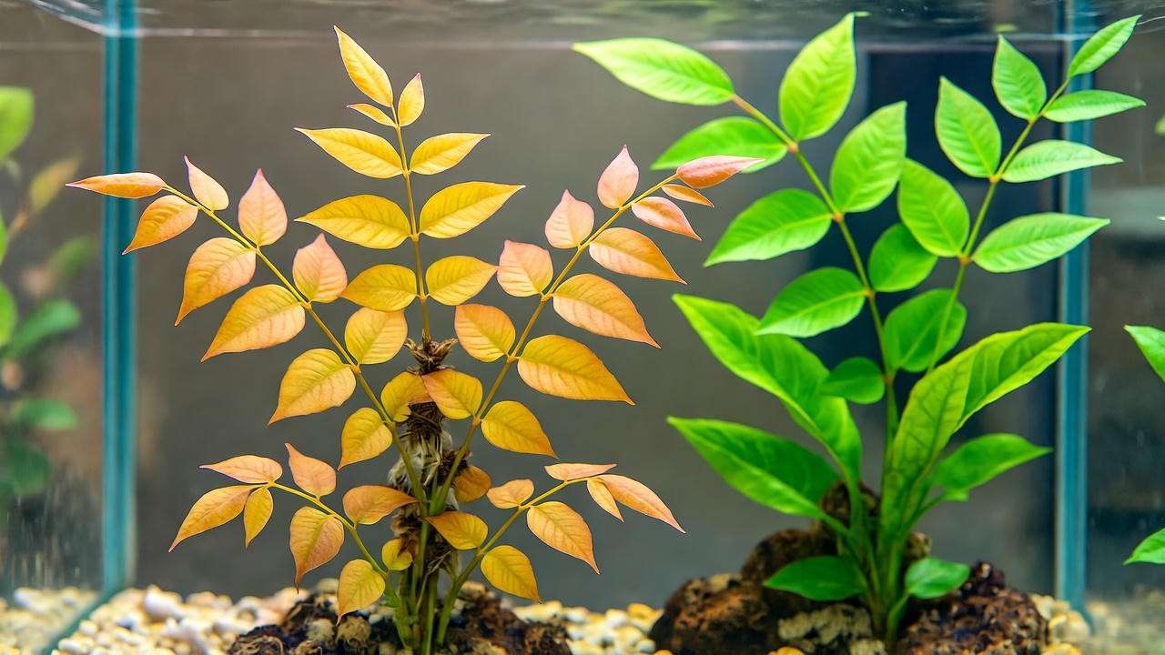 "Wisteria aquarium plant with yellowing leaves next to a healthy green plant in a clean tank."