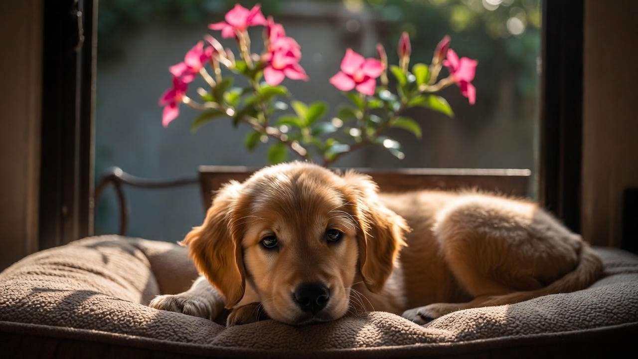 Sick puppy resting after mandevilla poisoning incident with plant visible in background