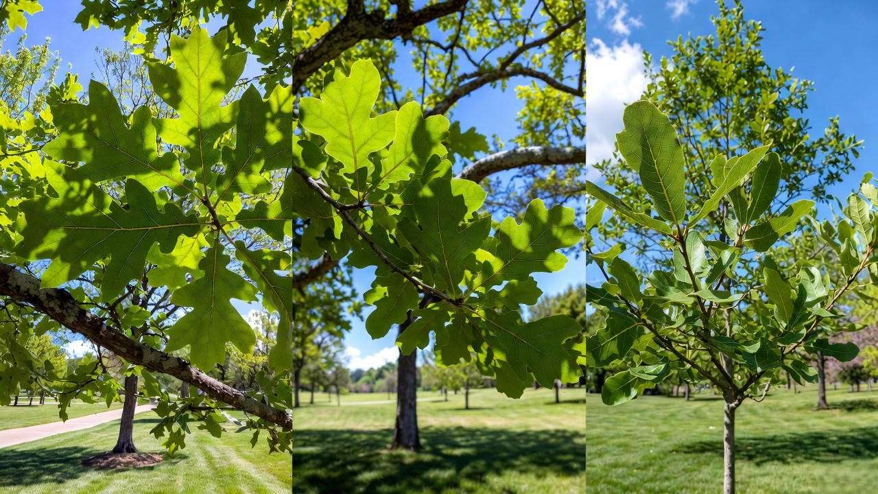 Comparison of red oak, white oak, and live oak trees in a park setting