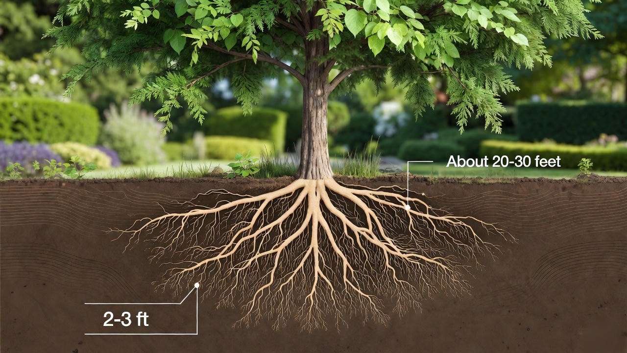 Illustration of cedar tree root zone with 2-3 feet depth and 20-30 feet spread."