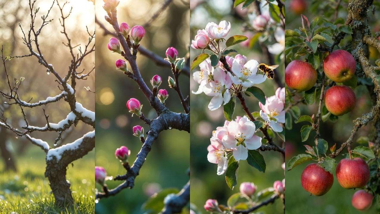 apple tree growth stages from dormancy to harvest timeline infographic