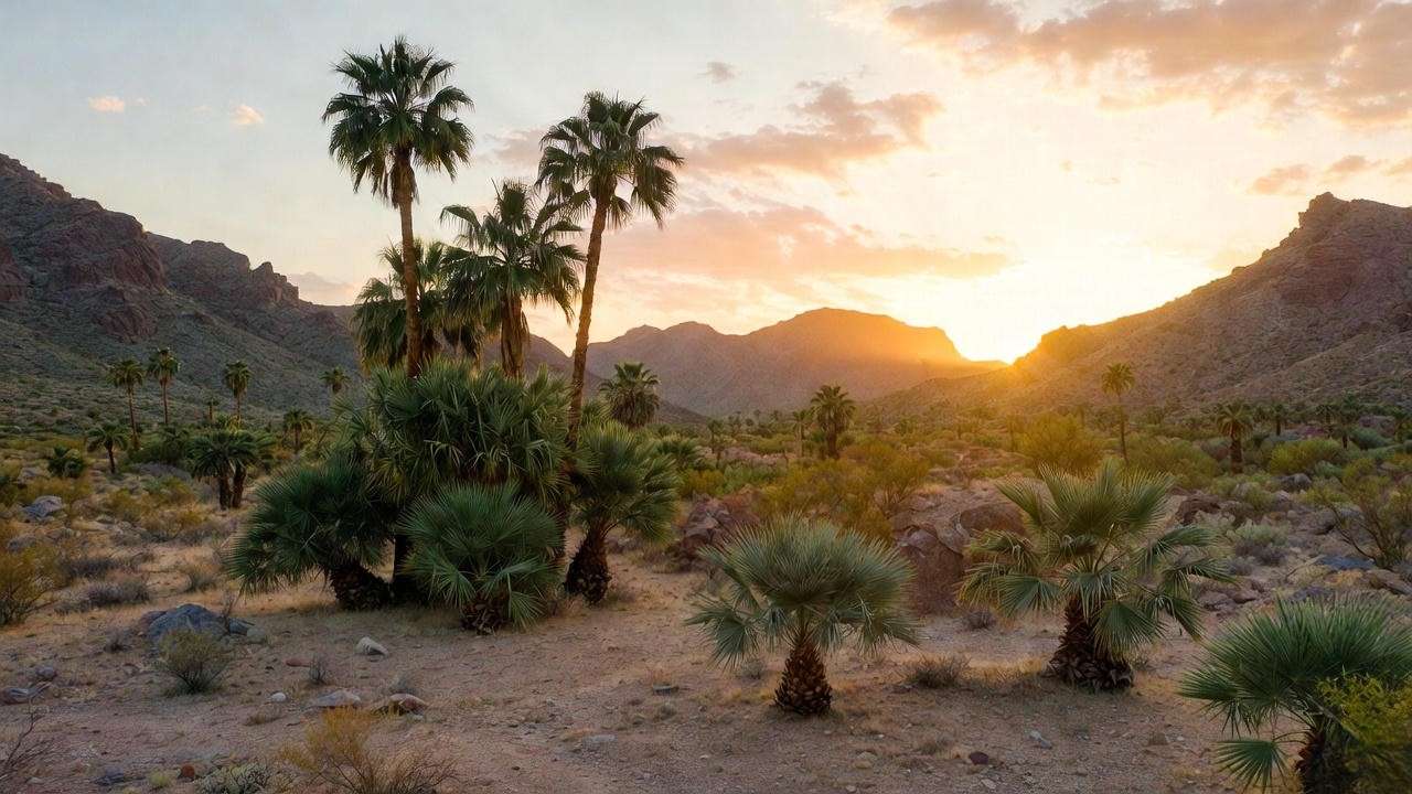 Variety of Arizona palm trees in a desert landscape at sunrise, showcasing Date Palm, Mexican Fan Palm, and California Fan Palm."