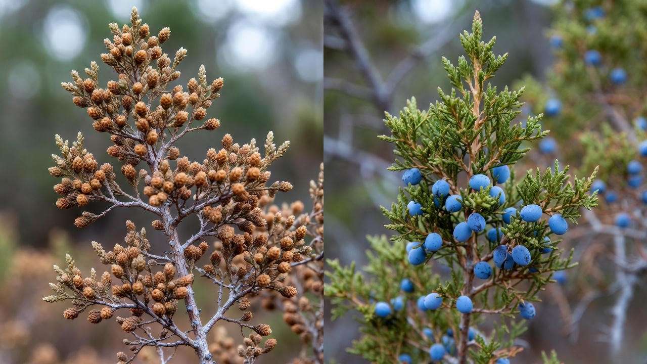 Male vs female Ashe juniper branches showing pollen cones and blue berries for easy Texas cedar identification