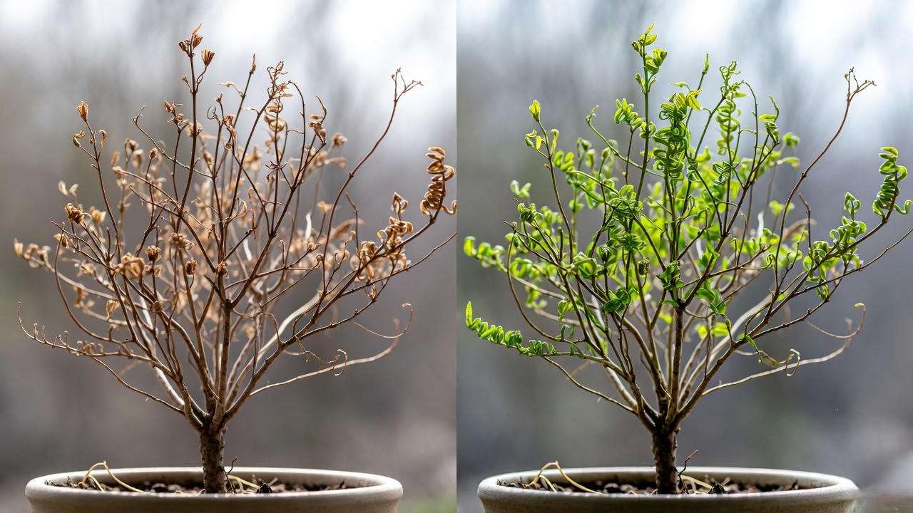 Frizzle Sizzle Alocasia before and after winter dormancy – full recovery