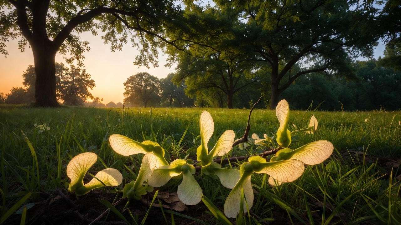 "Freshly collected elm tree seeds on grass with mature elm trees in the background."