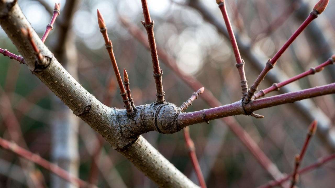 Japanese maple branch anatomy showing collar and scaffold structure for pruning