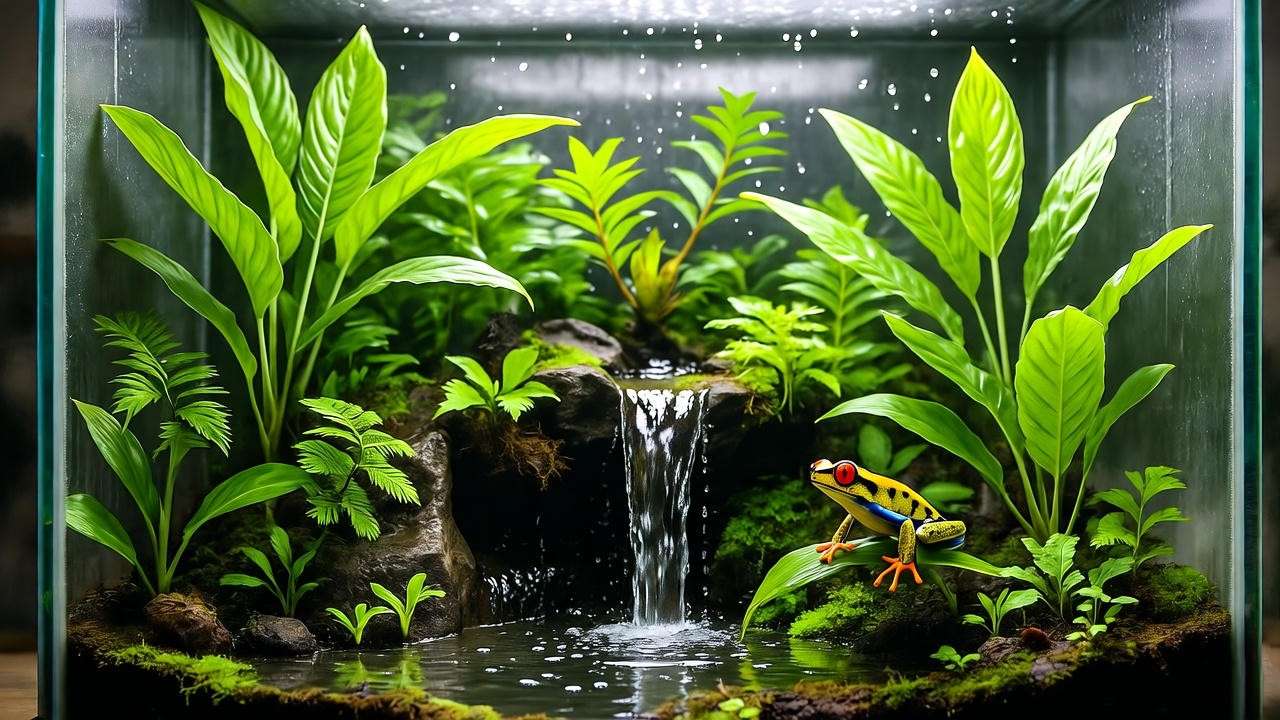 "Tropical vivarium with lush plants and a dart frog in a humid glass enclosure."
