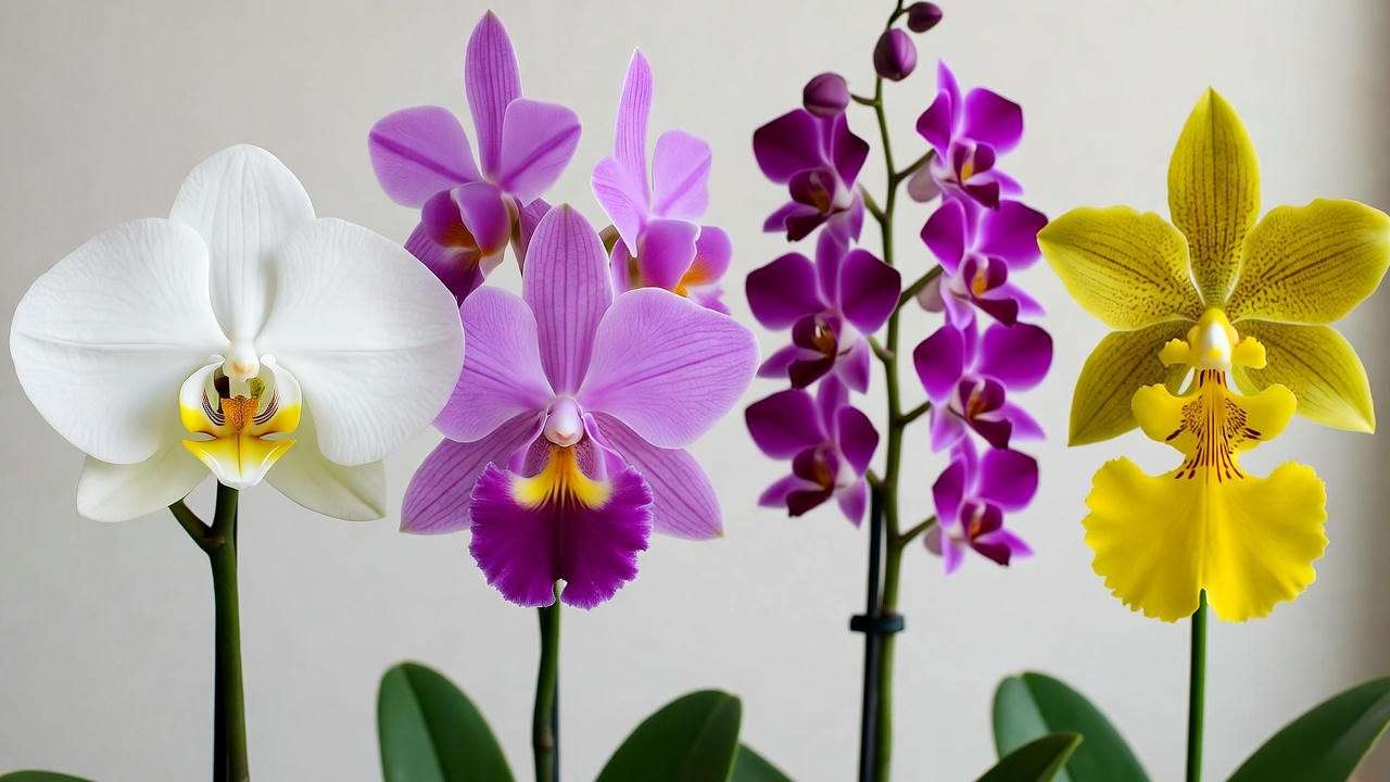 Four types of orchid live plants including Phalaenopsis, Cattleya, Dendrobium, and Oncidium in bloom on a white background
